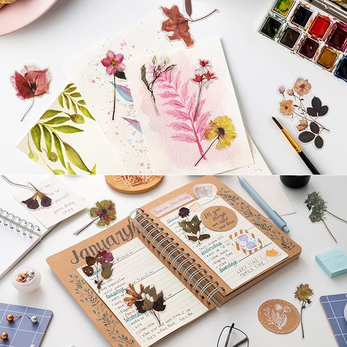Natural PET Flower Stickers for Scrapbooking - Vintage Nature Plant Craft Sticker, Colorful Small Clear Floral Decal for Journaling (Style D)