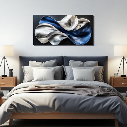 Blue Silver Abstract Picture Wall Art Modern 3D Textured Canvas Decor for Living Room Bedroom Office Flow Artwork 24" x 48"