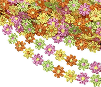 15 Yards Daisy Flower Lace Trim Embroidered Floral Lace Sewing Trim Ribbons for Embellishment Craft Dress Hair Accessories Decorations (Yellow/Pink/Green/Orange, 1" x 15 Yards)