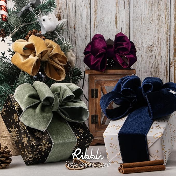 Ribbli Burgundy Velvet Wired Ribbon 2.5 Inch Velvet with Satin Christmas Ribbon for Gift Wrapping Christmas Tree Decoration Crafts Wreaths Supplies-Continuous 10 Yards