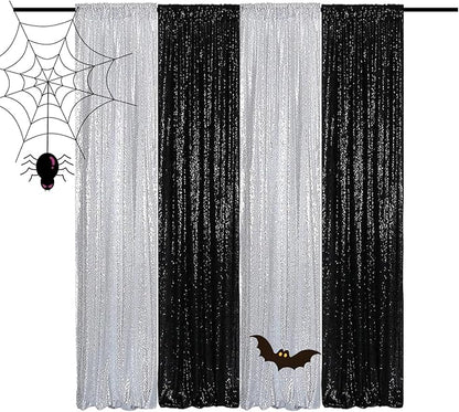 Sequin Backdrop Curtains 2FTx8FT 4 Panels Glitter Drapes Sparkly Photography Background for Wedding Birthday Party Bridal Baby Shower (Silver x 2+Black x 2)