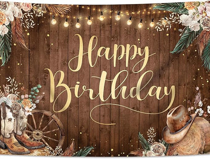 SVBright Western Cowgirl Birthday Backdrop 7Wx5H Pampas Grass Country Wild West Rustic Wooden Boho Flower Retro Boots Hat Farmhouse Decorations Photography Background Banner Photo Booth Studio
