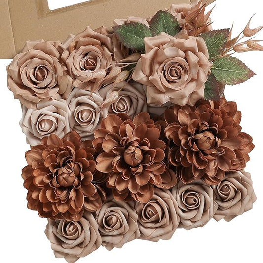 Artificial Flowers Combo Box Set Dusty Coffee Color Flower Leaf with Stems for DIY Wedding Bouquets Centerpieces Baby Shower Party Home Decorations