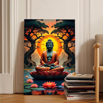 Canvas wall art Golden Buddha on lotus at sunset Ancient trees with reflections on water Serene meditation scene Uplifting wall art for mindfulness and tranquil home decor 20x30in Wood Framed