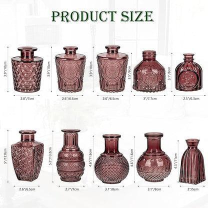 Glass Bud Vases Set of 10, Small Flower Vase in Bulk for Centerpieces, Mini Vintage Wine Red Vases for Rustic Wedding Vintage Home Table Decor