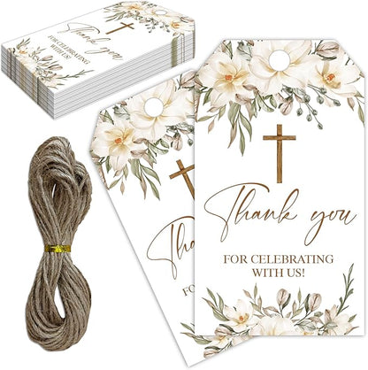 Thank You for Celebrating with Us Tag, 50 Pcs Baptism Paper Lables, 2x3 Inch Baptism Floral Gift Tags with String for Wedding Birthday Baby Shower Bridal Shower, Party Decoration-A02