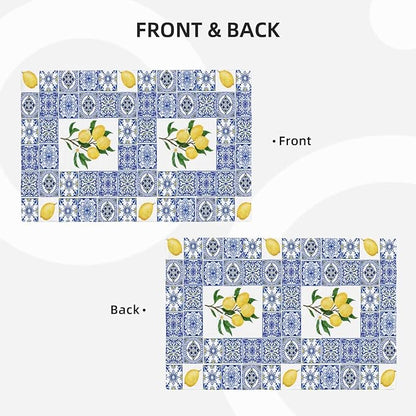 Lemon Table Placemats Set of 6 Blue Tile Print Linen Placemats for Indoor Outdoor Party Home Desktop Kitchen Dining Room Decor 12x18 Inch