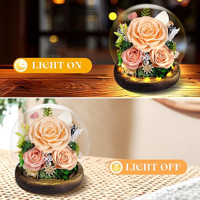 Preserved Roses Forever Flowers in Glass - Birthday Gifts for Women Mom, Real Flowers for Delivery Prime | Rose Gift for Grandma Wife Sister Friend (Mix Champagne)