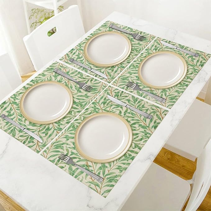 William Morris Vintage Botanical Placemats Set of 6, Retro Leaves Boho Plant Place Mats, Heat Resistant Non Slip Cotton Linen Dining Table Mats for Home Kitchen Party 18x12 Inch
