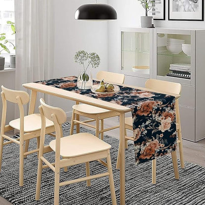 Vintage Flower Table Runner, Boho Black Dark Floral Plant Bohemian Watercolor Spring Garden Botanical Art Table Cover for Holiday Farmhouse Kitchen Dining Table Decor, 13x36inch