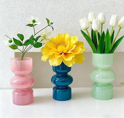 JSPYFITS Glass Hydroponic Flower Vase, 7 Inches Colored Glass Bubble Vase for Flower, Three-Layer Glassvase Funky Vase for Home/Office/Weddings/Party Table Flower Decor (Dark Green)
