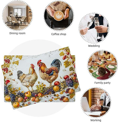 Rooster Placemats Set of 4 Farmhouse Fruits Chicken Placemats Farm Cock Chicken Country Hen Washable Place Mats for Party Kitchen Dining Decoration 4 PCS