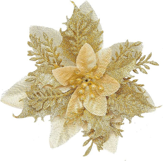 Zhuqing 15Pcs Christmas Poinsettia Artificial Flowers Decorations, Glitter Poinsettia Christmas Tree Ornaments, Gold Tree Flowers for Xmas/Wedding/Holiday/Wreath/Garland Decor, with Cilps, 5.5 Inch