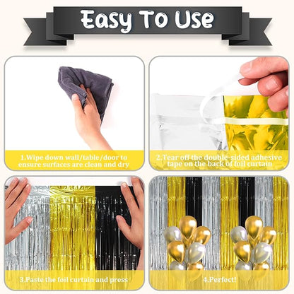 3 Pack 3.3 x 8.2 ft Black Gold Silver Foil Fringe Backdrop Curtains, Tinsel Streamers Party Decorations, Fringe Backdrop, Door Shimmer for New Years or Birthday Party