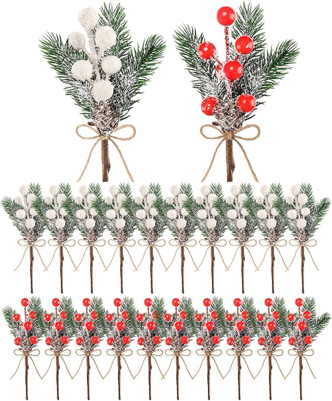 20 Pack 8inch Artificial Christmas Floral Picks, Red and White Fake Berry Picks Stems, Pine Branches Pick, Faux Floral Pick with Pinecones Holly Leaves for Vase Floral Arrangement Wreath Decor Crafts