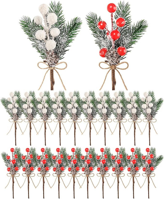 20 Pack 8inch Artificial Christmas Floral Picks, Red and White Fake Berry Picks Stems, Pine Branches Pick, Faux Floral Pick with Pinecones Holly Leaves for Vase Floral Arrangement Wreath Decor Crafts