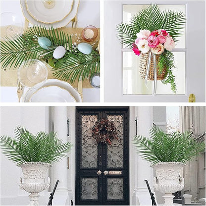 Artificial Palm Leaves Stem, Fake Tropical Palm Tree Leaf Plastic Greenery Plants Faux Areca Stems Jungle Boston Decoration for Indoor Outdoor Wedding Birthday Party Arrangement Table DIY Decor 12 Pcs