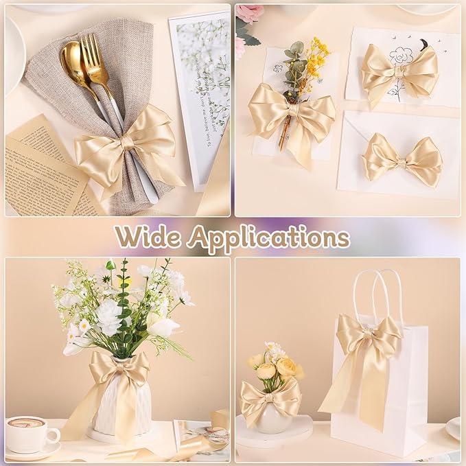 Champagne Gold Ribbon 1 1/2 Inch 60 Yards Wide Christmas Satin Ribbons Gold Bows for Gift Wrapping Flower Bouquet Birthday Christmas Decorations