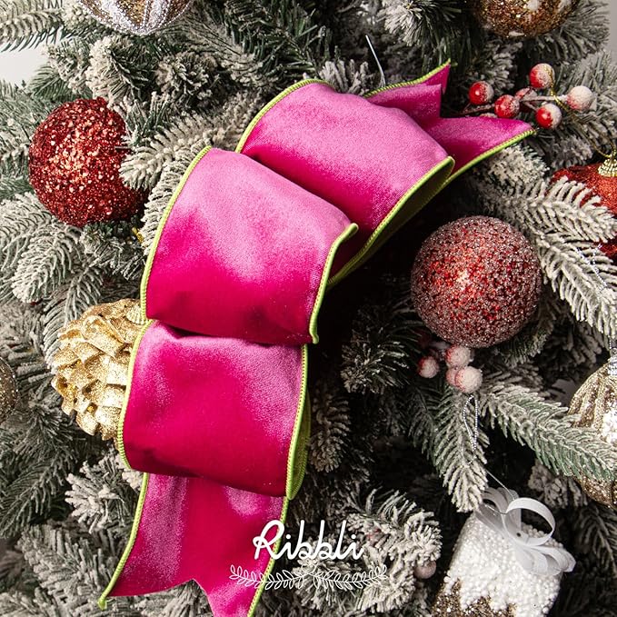 Ribbli Hot Pink Lime Green Velvet Wired Ribbon 4 Inch Velvet with Satin Christmas Ribbon for Gift Wrapping Christmas Tree Decoration Crafts Wreaths Supplies-Continuous 10 Yards