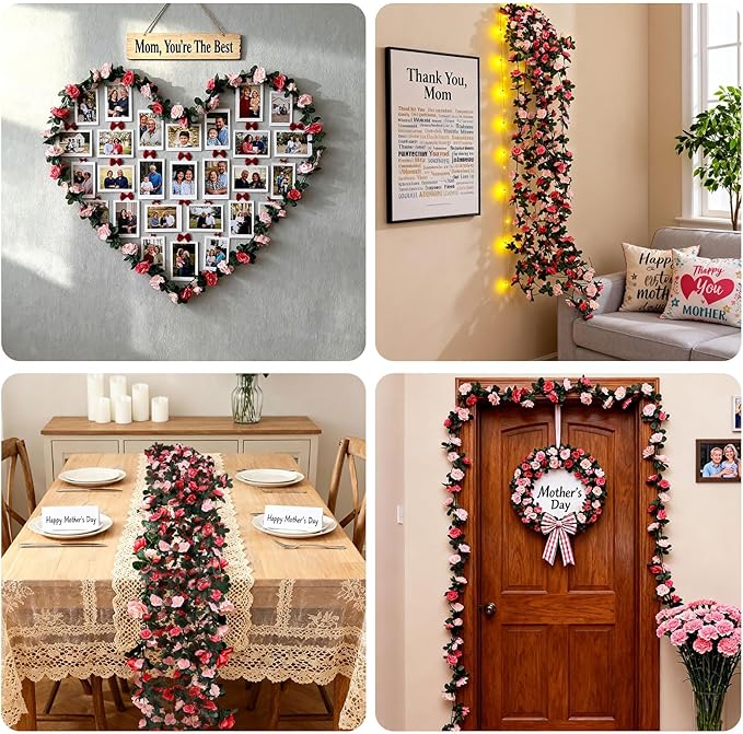 Miracliy 5Pcs 41FT Pink Flower Garland Artificial Rose Arch Vines Fake Spring Floral Garland for Flower Wall Backdrop Wedding Mothers Day Garden Tea Party Decoration