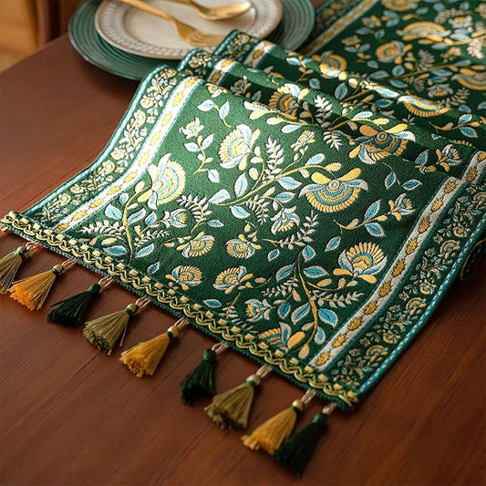 13×72 Inch Table Runner, Retro-Luxury Tassels Series for Kitchen Dining Table Holiday Decoration (Green Branch)