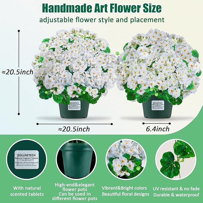 Artificial Handmade Geraniums With Flowers Scent Pots White Pink Purple Lavender Lifelike Faux Geraniums Bushes Fake Flowers for Wedding Party Home Office Indoor outdoor Plants Decor (White)