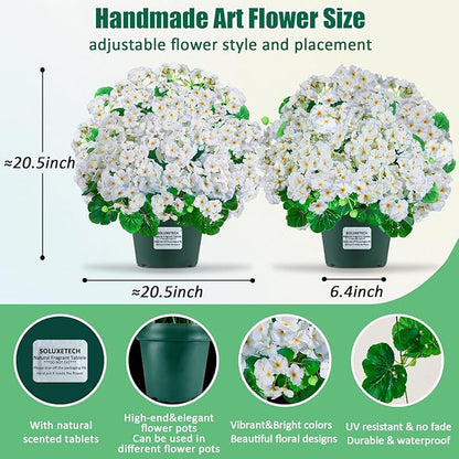 Artificial Handmade Geraniums With Flowers Scent Pots White Pink Purple Lavender Lifelike Faux Geraniums Bushes Fake Flowers for Wedding Party Home Office Indoor outdoor Plants Decor (White)