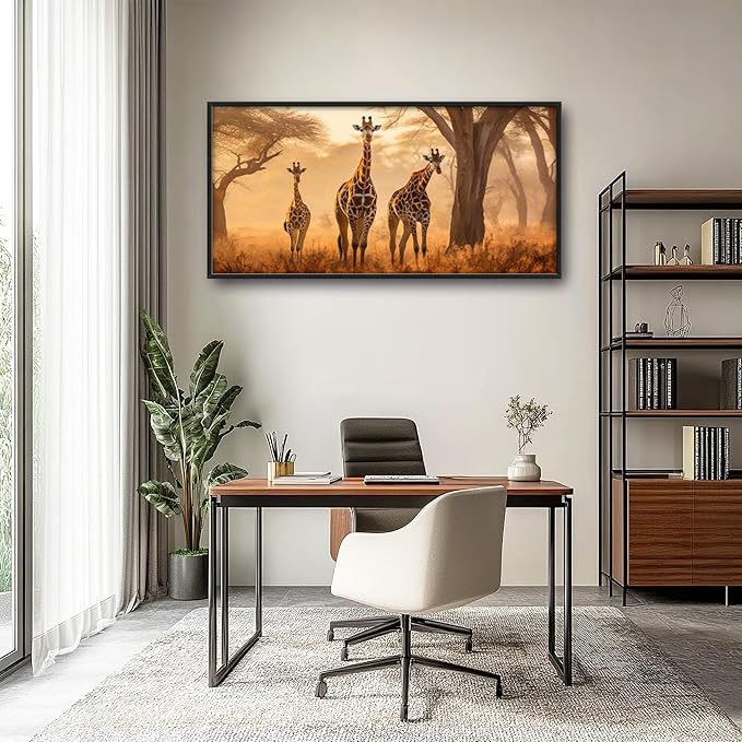 Framed Large Pictures Wall Art for Living Room, Giraffe Oversized Wall Decor Africa Animal Scenery Landscape Canvas Print Painting Modern Extra Large Framed Artwork for Bedroom Office 60"x30"