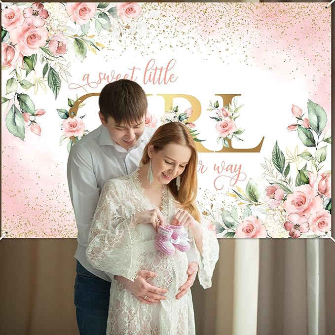 Avezano Girl Baby Shower Backdrop Pink Floral Sweet Baby Baby Shower Banner A Sweet Little Girl is on Her Way Party Decorations Banner (7x5ft)