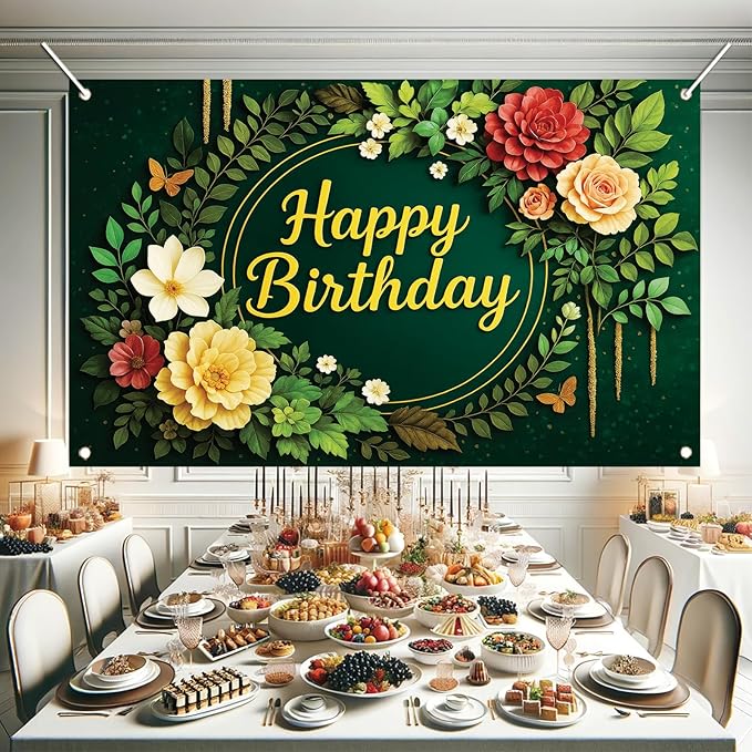 Greenery Birthday Backdrop Green Floral Banner Butterfly Happy Birthday Photography Background for Women Girls Lady Newborn Baby Shower Party Supplies Photo Booth Props 71 x 43 Inch