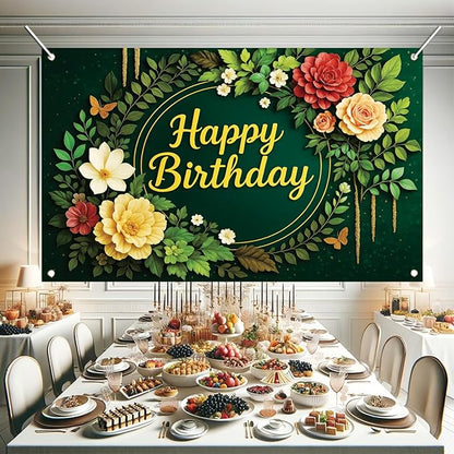 Greenery Birthday Backdrop Green Floral Banner Butterfly Happy Birthday Photography Background for Women Girls Lady Newborn Baby Shower Party Supplies Photo Booth Props 71 x 43 Inch