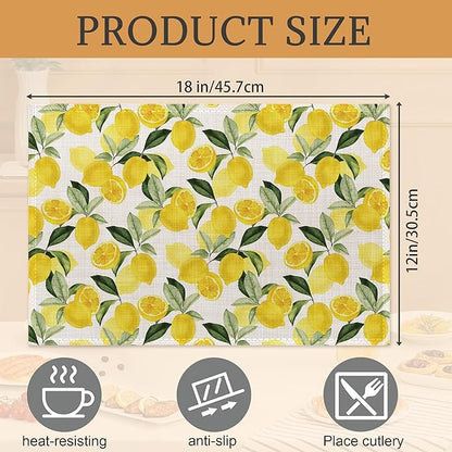 Lemon Placemats Set of 6,Washable Heat Resistant 12×18 Inch Linen Table Mats Yellow Place Mats for Party Outdoor Dining Décor
