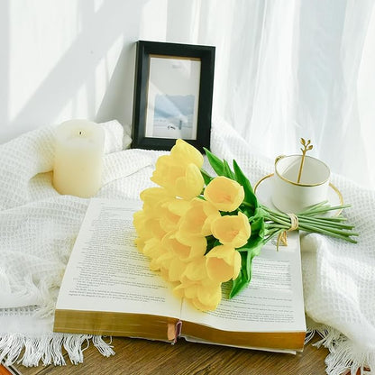 Mandy's Artificial Tulips 12 Stems Yellow Partially Open PU Faux Flowers for Thanksgiving and Christmas Decorations Wedding Home Decor 13.5 Inch