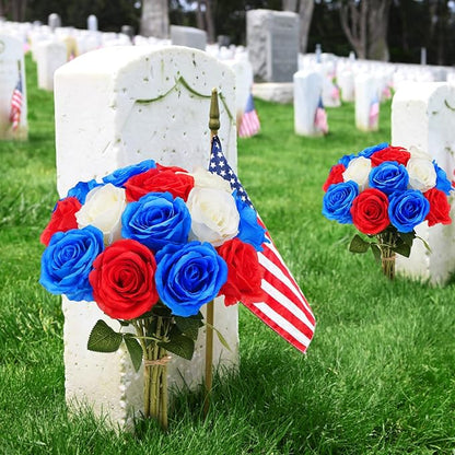 Waipfaru 16 Pcs Memorial Day Flowers for Cemetery Grave, Red White and Blue Flowers, Fake Roses Artificial Flowers 4th of July Independence Day Patriotic Decor