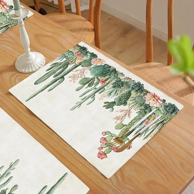 Cute Cactus Placemats Set of 6, Western Succulent Place Mats, Rustic Summer Plant Dining Table Mats, Washable Placemats for Kitchen Dining Room 18L'' × 12W''