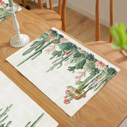 Cute Cactus Placemats Set of 6, Western Succulent Place Mats, Rustic Summer Plant Dining Table Mats, Washable Placemats for Kitchen Dining Room 18L'' × 12W''