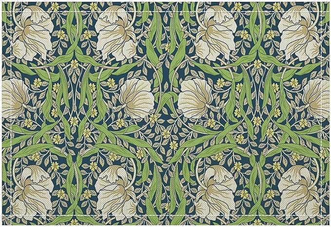 William Morris Placemats Farmhouse Sage Vintage Floral Art Printed Dining Table Mats Set of 4 for Home Kitchen Holiday Picnic Party Decoration 12x18in