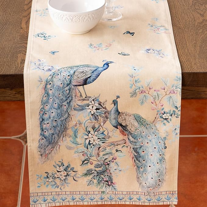 Maison d' Hermine Tablerunners 100% Combed Cotton Premium Table Runner Decorative Table Cover, Home, Kitchen, Dining, Peacock Utopia - Sandy Beach, Double Layer - (14.5"x108")