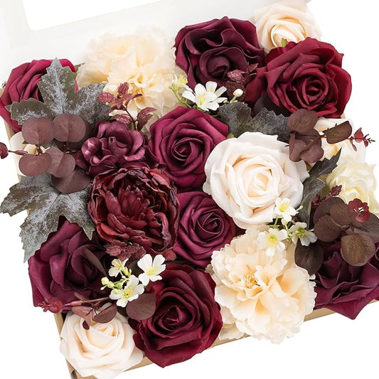Ling's moment Burgundy Artificial Flowers and Greenery Combo Box Set, Marsala & Cream Fake Flower for DIY Wedding Bridal Bouquet, Centerpieces Decor, Floral Arrangement Decor, etc.