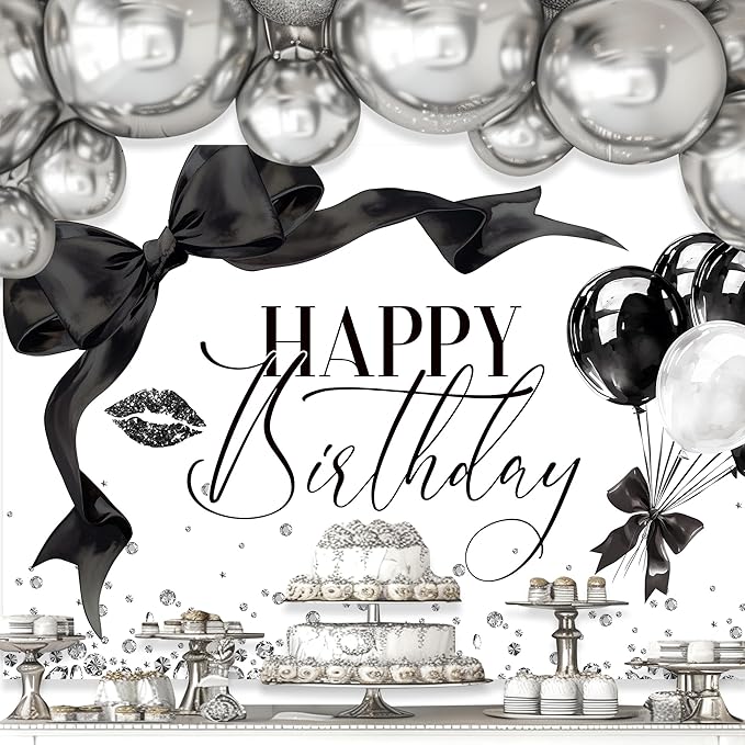 Black Bow Happy Birthday Banner Backdrop 8Wx6H Photography Girls Coquette Birthday Decorations Black White Bowknot Balloons Background Women Party Decorations Photo Booth Props Supplies