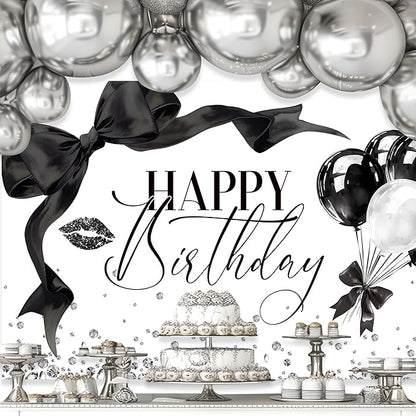Black Bow Happy Birthday Banner Backdrop 8Wx6H Photography Girls Coquette Birthday Decorations Black White Bowknot Balloons Background Women Party Decorations Photo Booth Props Supplies