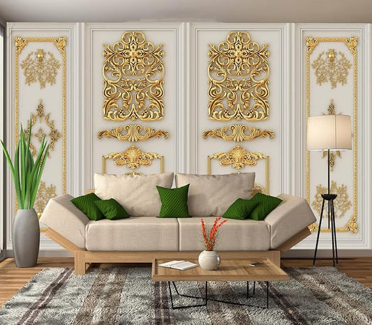 Eierme-Interior Walls with Golden Relief Patterns Mural Wallpaper Peel and Stick 90" x 67"