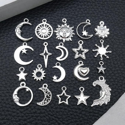 WOCRAFT 60pcs Bright Silver Sun Moon Star Bracelet Charms for Jewelry Making Sets DIY Necklace Bracelet Keychain Crafting Charms Kit Craft Supplies (SN837)
