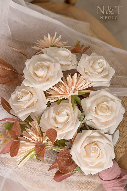 N&T NIETING Artificial Flowers, 25pcs Fake Flowers Bulk Perfect for DIY Fall Wedding Bridesmaid Bridal Bouquets Centerpieces Party Home Flower Arrangement Decoration, Cream Roses
