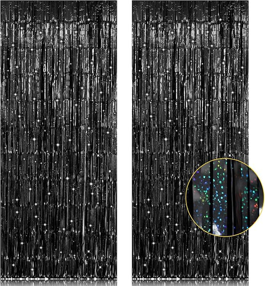 2 Pack 3.2ft x 8.2ft Black Tinsel Foil Fringe Curtain, Sparkle Metallic Foil Backdrop for Party Photo Booth Props New Years Eve Birthday Bridal Shower Bachelorette Holiday Decorations Supplies