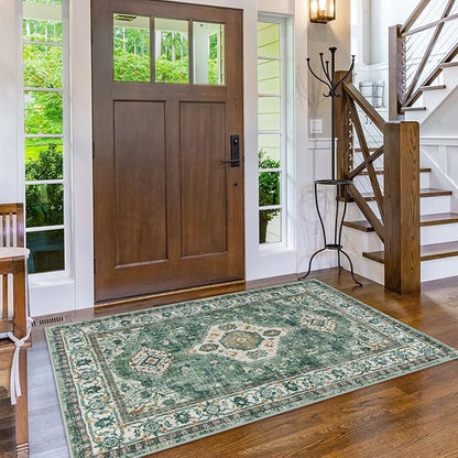 Lahome Oriental Machine Washable Rug, 3x5 Soft Green Rugs for Entryway Dorm, Non Slip Distressed Vintage Throw Carpet for Bedroom Living Room Entrance, Green/Multi