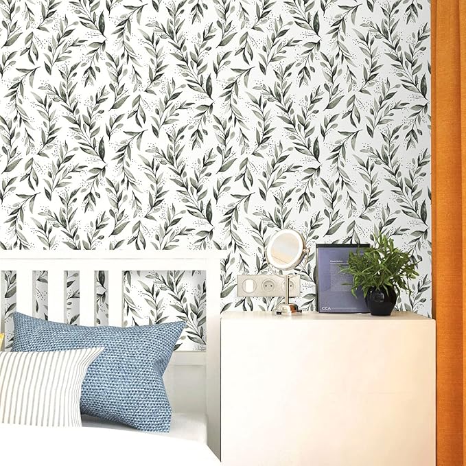 Erfoni Dark Green Leaf Wallpaper Peel and Stick Wallpaper Floral 17.7inch x 78.7inch Greenery Eucalyptus Contact Paper Peel and Stick Leaves Plant Self Adhesive Wall Paper Bathroom Vinyl