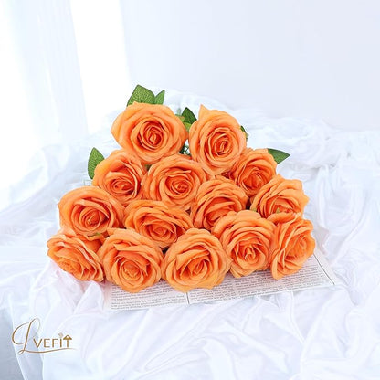 12pcs Artificial Rose Flower Orange Rose Orange Flower with Long Stem Silk Roses Bouquet for Wedding Bridal Shower Party Home Decoration