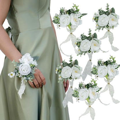 White Corsages for Wedding(Set of 6),Corsages for Prom,Party Prom Hand Flower Decor,Mother of The Bride Corsage,Bridesmaid Wrist Corsage