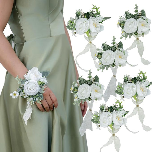 White Corsages for Wedding(Set of 6),Corsages for Prom,Party Prom Hand Flower Decor,Mother of The Bride Corsage,Bridesmaid Wrist Corsage
